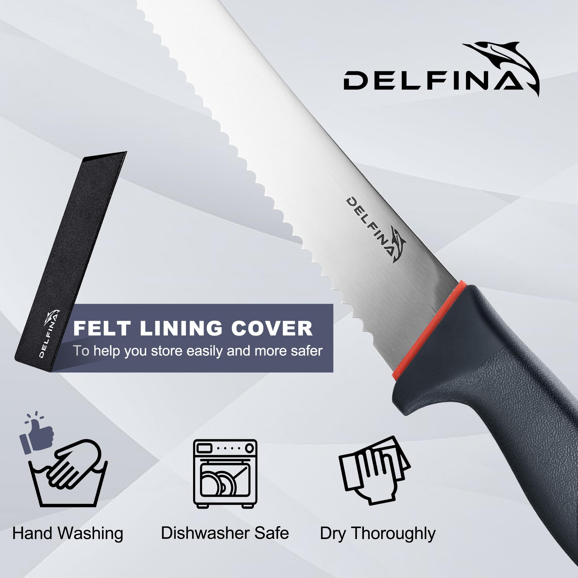 DELFINA 10 inch Bread Knife For Homemade Bread Sourdough W/Softgrip, Serrated Bread Knife Wave Edge W/Sheath For Crusty Breads, Cake, Bagel, Dishwasher Safe