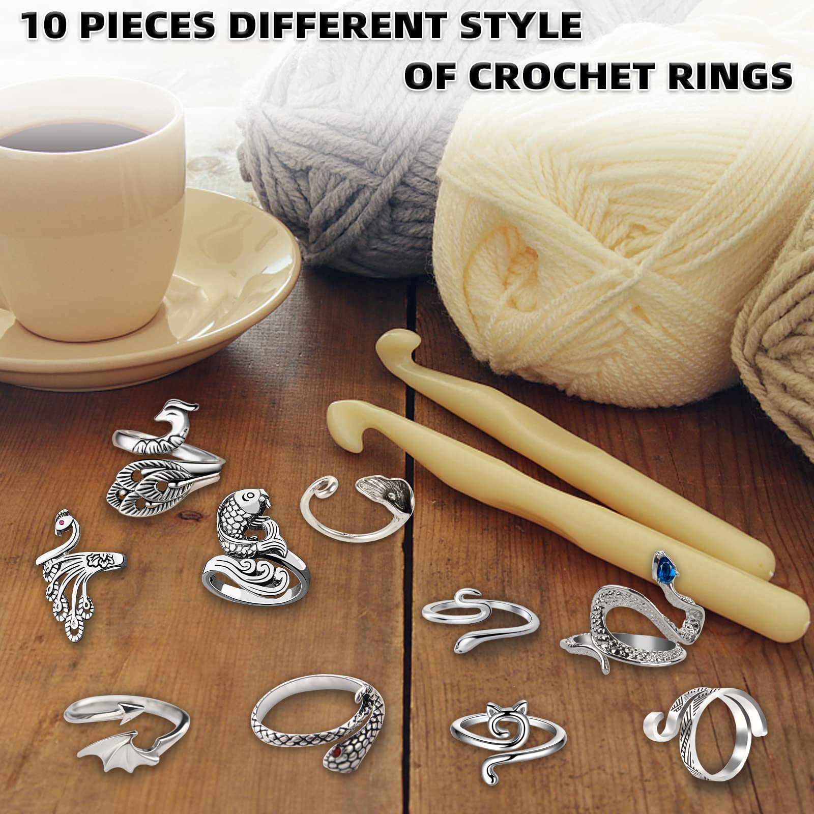 DEPAADER 10 Pcs Crochet Ring - Adjustable Crochet Ring Finger Yarn Guide Knitting Tension Rings for Crocheting Cat Snake Yarn Ring for Women