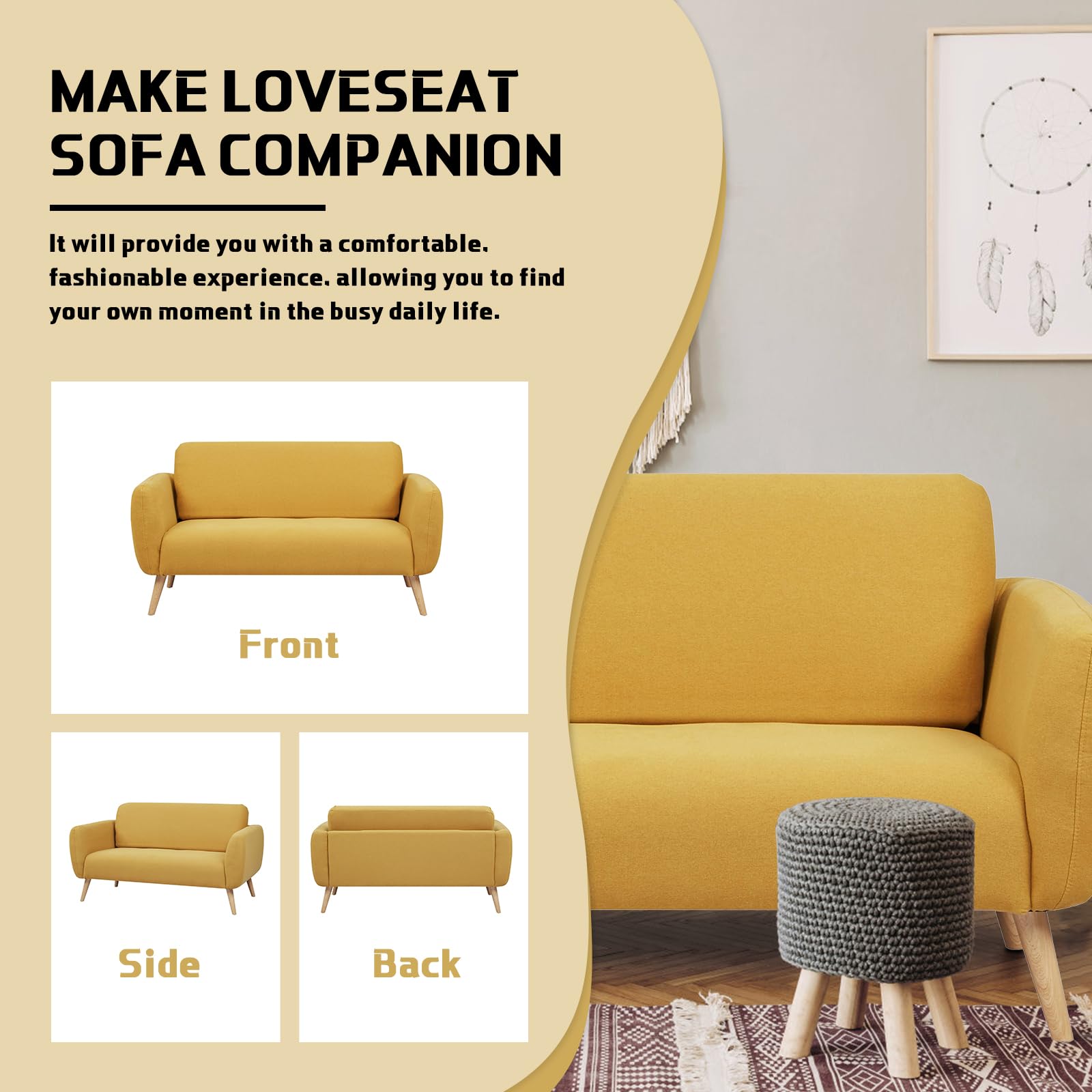 Artdeco Home Loveseat Sofa 58" W Upholstered Fabric Modern Design Small Couch for Small Space, Living Room, Apartment (Polyester, Mustard)