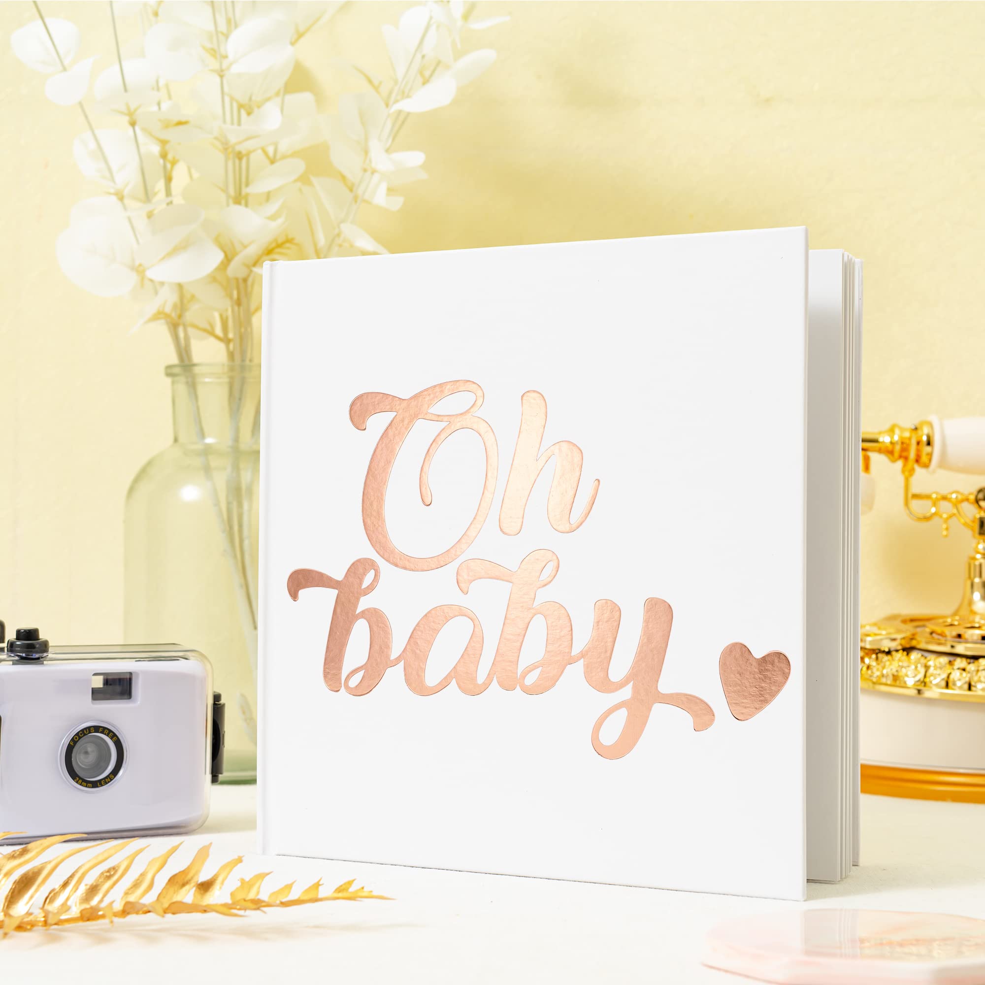 Calculs Oh Baby Bridal Party Decoration Picture Book 8.5” Square Polaroid Baby Shower Guest Book Blank White Pages for Pictures White Cover Rose Gold Stamping