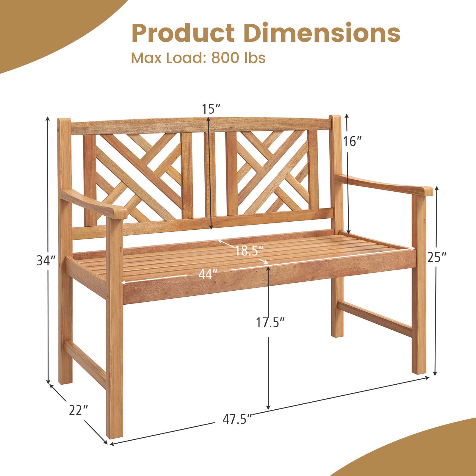 Tangkula Patio Acacia Wood Bench, 2-Person Outdoor Loveseat Chair, Cozy Armrest & Backrest, Sturdy Acacia Wood Frame, Outdoor Slatted Seating Bench for Backyard, Garden, 800 lbs Max Load