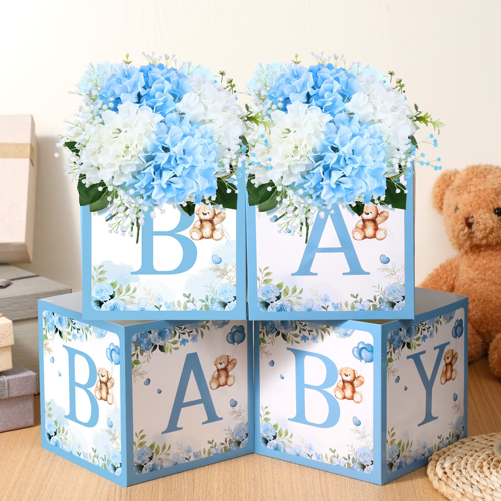 Bucherry 6 Pcs Baby Shower Party Decorations Baby Flower Boxes Centerpiece Rustic Table Display with Letters Gender Reveal Party Favor Block Holder(Blue,Blue Bear)