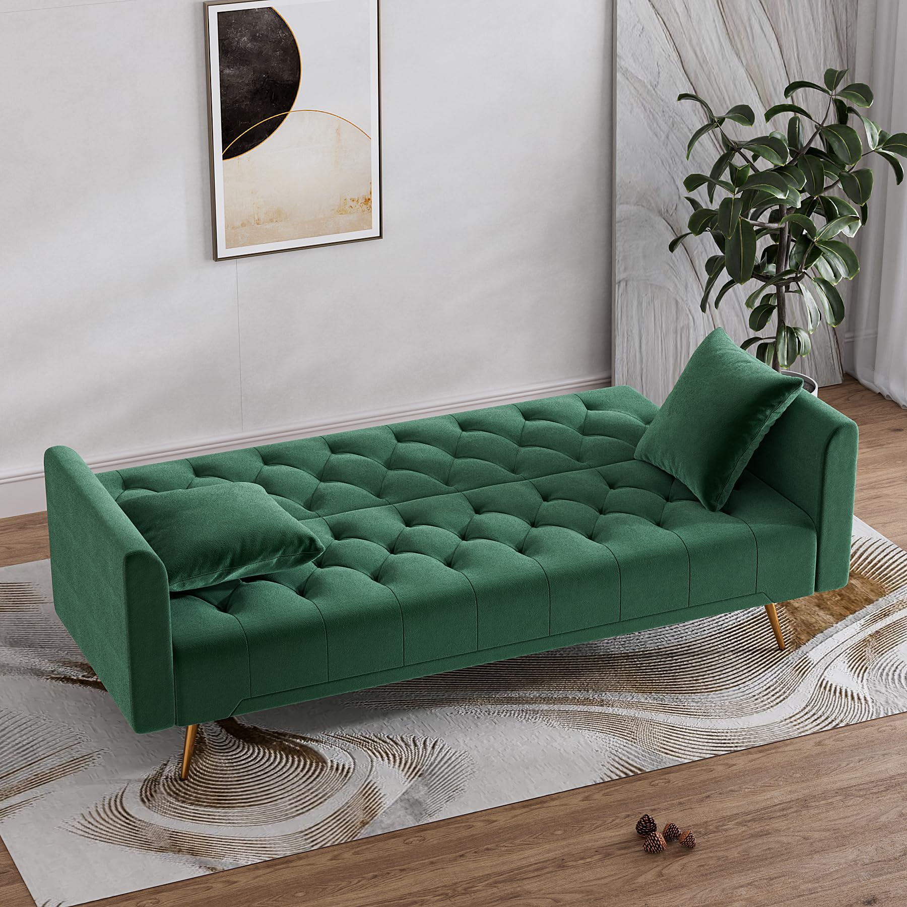 DAMAIFROM 71" Velvet Futon Sofa Bed, Modern Convertible Sleeper Sofa Loveseat, Tufted Futon Couch with Metal Legs for Small Living Room Office Bedroom, Green