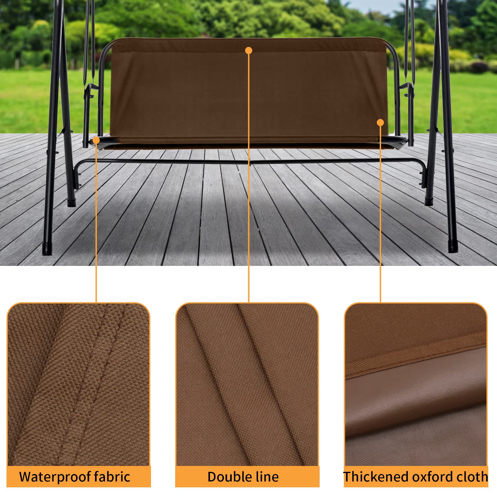 Replacement Outdoor Swing Seat, Porch Swing Cushion Cover, 600D Thickened Oxford Waterproof Sunscreen Porch Swing Cushions for Patio Furniture Garden Bench, Coffee