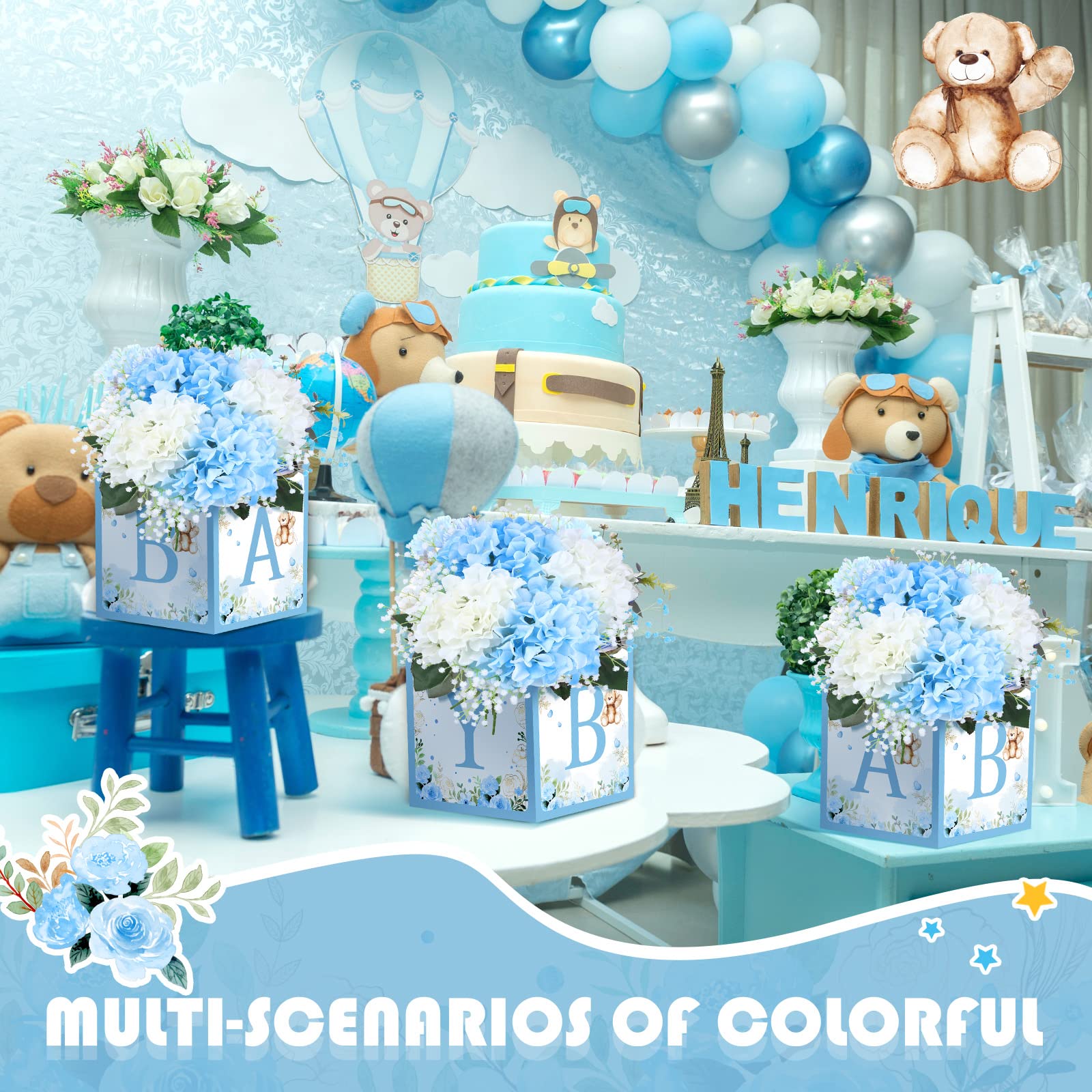 Bucherry 6 Pcs Baby Shower Party Decorations Baby Flower Boxes Centerpiece Rustic Table Display with Letters Gender Reveal Party Favor Block Holder(Blue,Blue Bear)