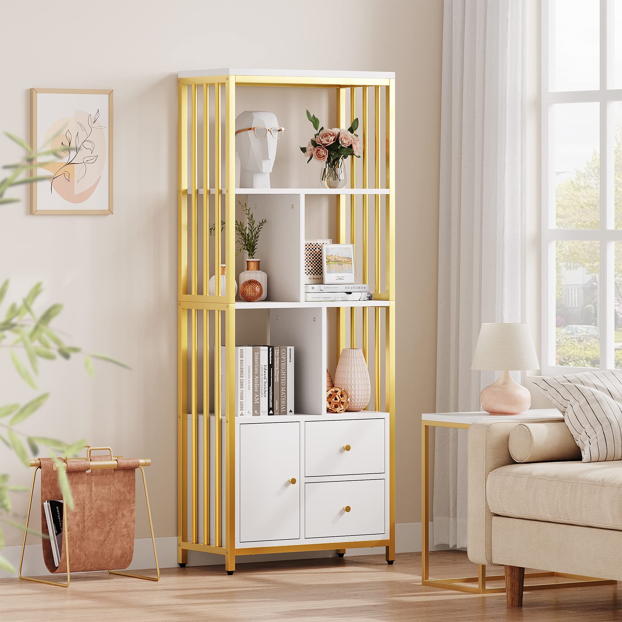 Amyove Gold Bookshelf with Drawers Modern Bookcase Storage Rack Shelf Tall Standing Bookshelves Metal Frame Large Display Racks Book Shelf for Bedroom, Living Room, Home Office, White/Gold