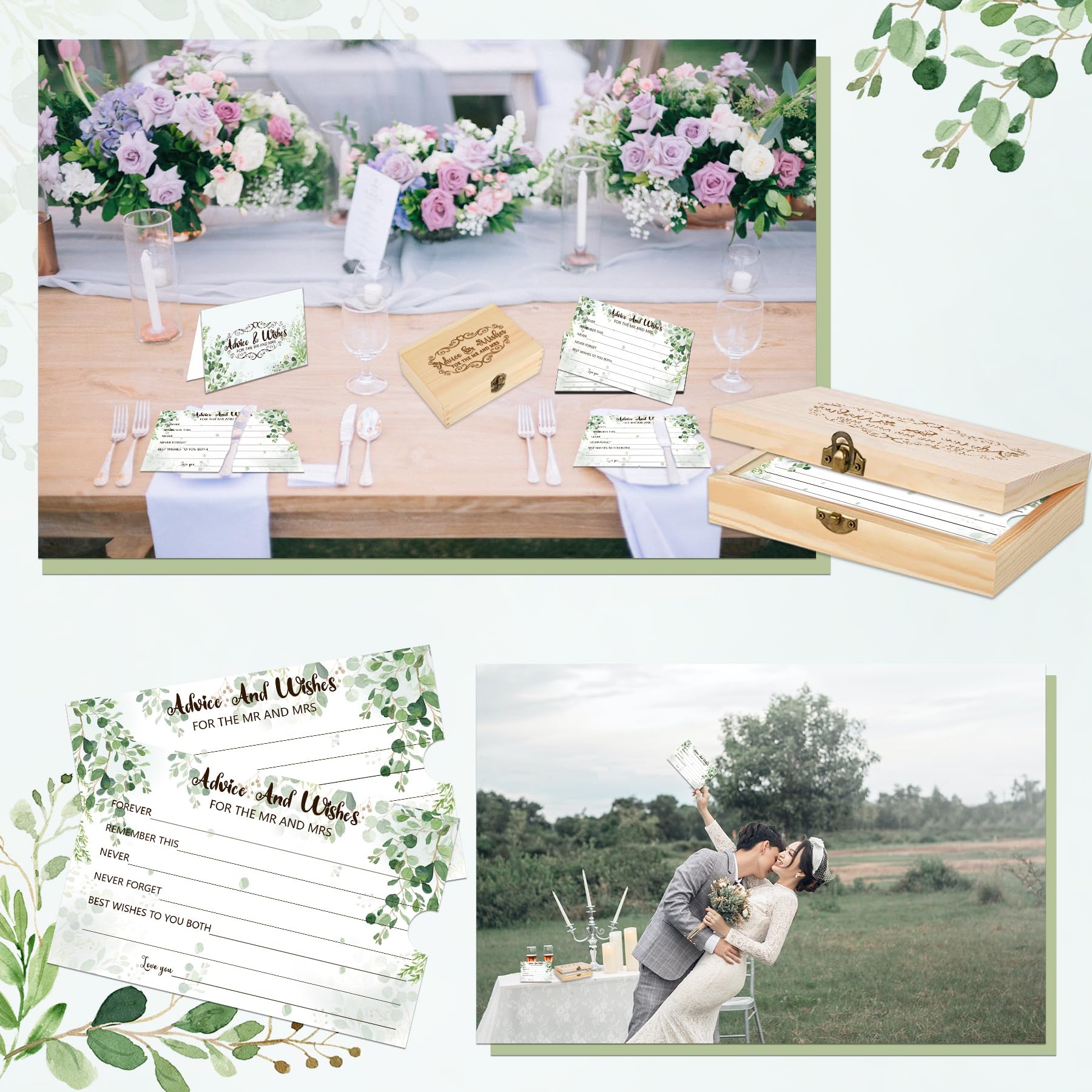 1DFAUL 60Pcs Bridal Shower Advice Cards, Greenery Advice and Wishes for the Mr and Mrs, Advice Cards for Bride and Groom Wood Box Kit for Bridal Shower Games Wedding Decorations