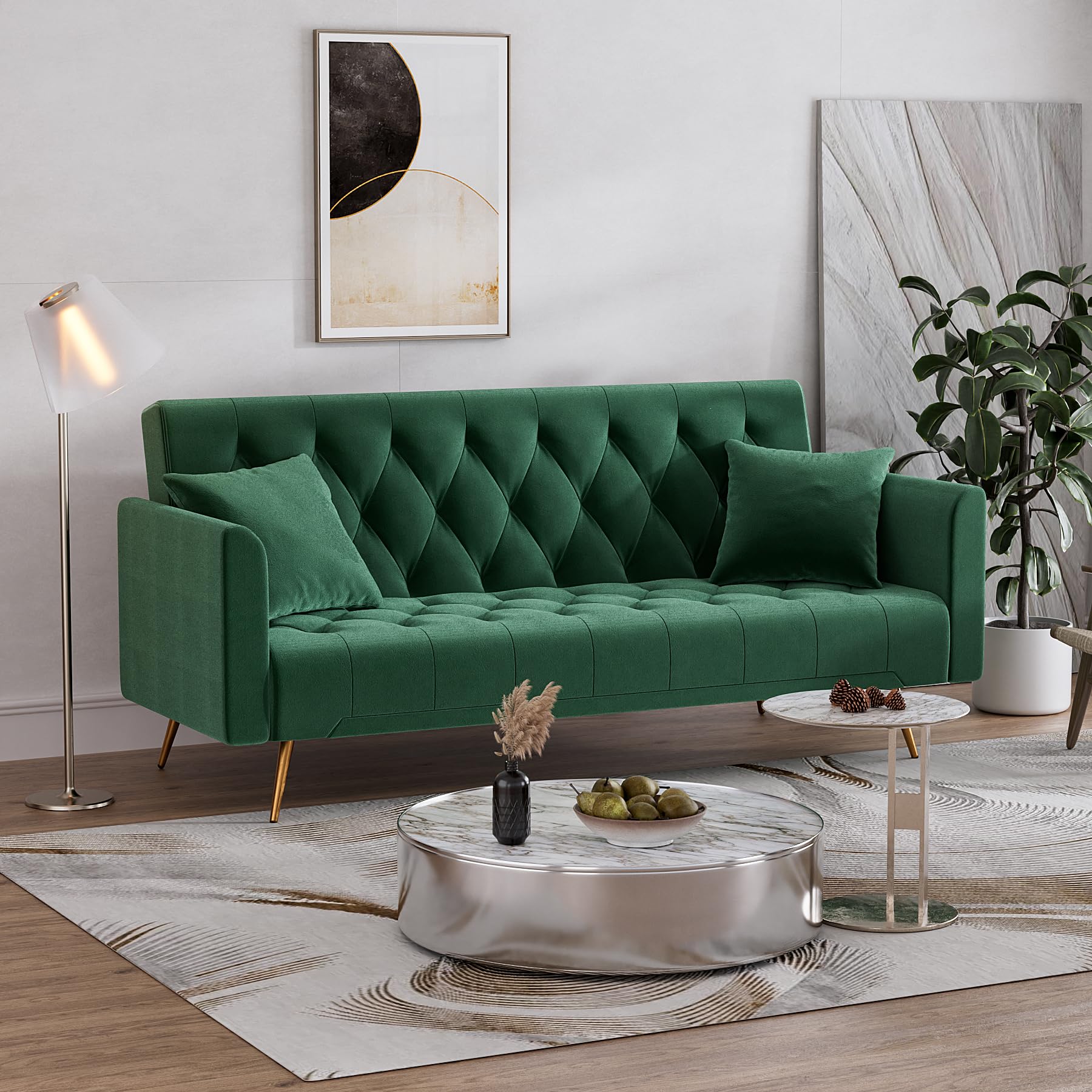 DAMAIFROM 71" Velvet Futon Sofa Bed, Modern Convertible Sleeper Sofa Loveseat, Tufted Futon Couch with Metal Legs for Small Living Room Office Bedroom, Green