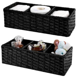 vagusicc 3-section wicker storage basket, hand-woven paper rope wicker baskets for organizing, toilet tank basket, black baskets for bathroom, 2-pack, black