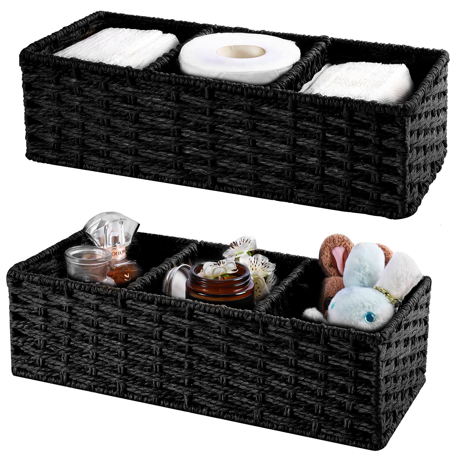 Vagusicc 3-Section Wicker Storage Basket, Hand-Woven Paper Rope Wicker Baskets for Organizing, Toilet Tank Basket, Black Baskets for Bathroom, 2-Pack, Black