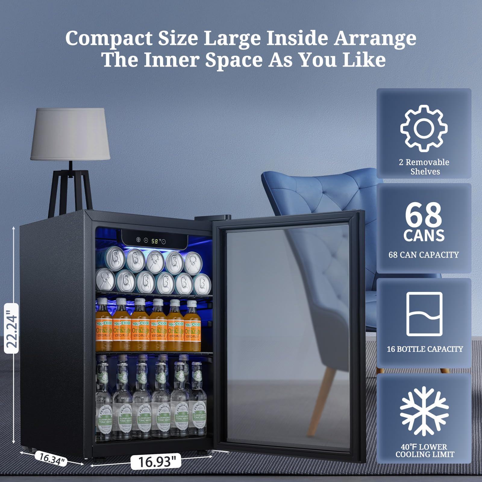 Antarctic Star Beverage Refrigerator Cooler 68 Can, Mini Fridge with Glass Door for Beer Drinks Wine,Freestanding Small Fridge with Electronic Temperature Control for Home and Bar,1.7 cu.ft