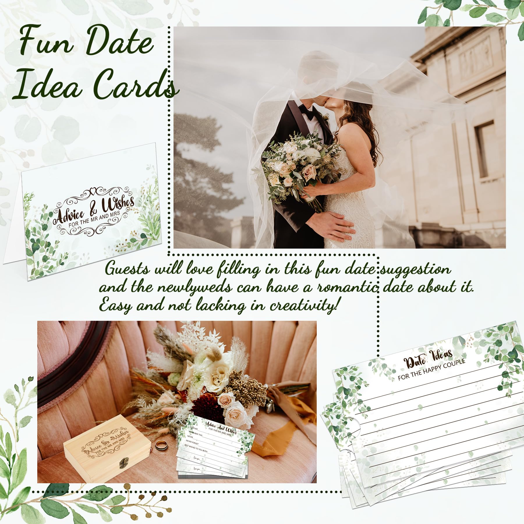 1DFAUL 60Pcs Bridal Shower Advice Cards, Greenery Advice and Wishes for the Mr and Mrs, Advice Cards for Bride and Groom Wood Box Kit for Bridal Shower Games Wedding Decorations