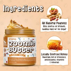 Zoomie Butter Original All Natural Dog Peanut Butter Spread. Human Grade, Healthy Dog Treat/Dog Food. Peanuts & Honey for Puppy Training, Behavior Aid, Pet Enrichment Toys, Grown & Made in USA