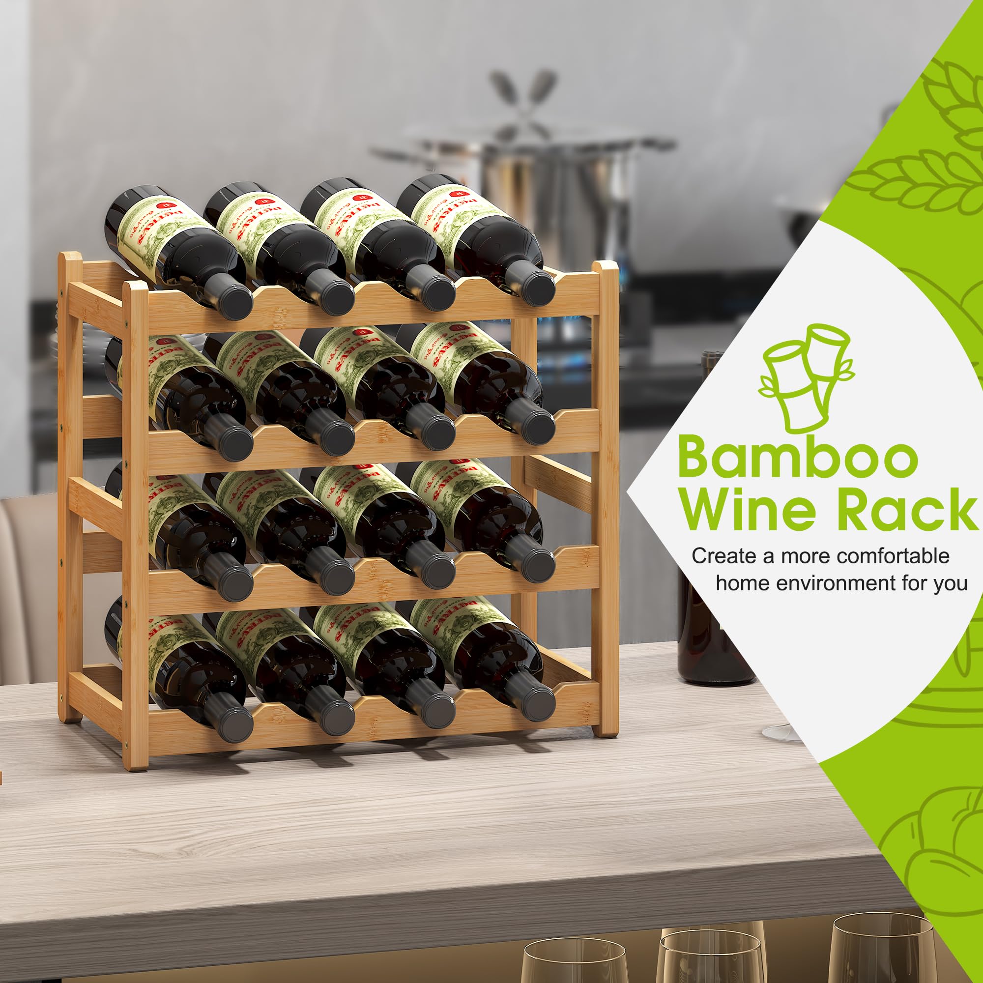 BMOSU Bamboo Wine Rack Wine Storage Cabinet Shelf 16 Bottle Wine Racks Countertop Sturdy for Kitchen Dining Room Pantry - 4 Tiers Wine Rack(Natural)