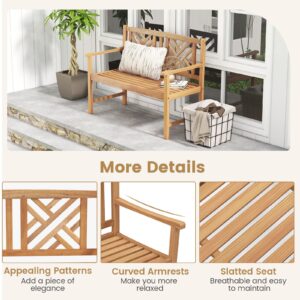 Tangkula Patio Acacia Wood Bench, 2-Person Outdoor Loveseat Chair, Cozy Armrest & Backrest, Sturdy Acacia Wood Frame, Outdoor Slatted Seating Bench for Backyard, Garden, 800 lbs Max Load