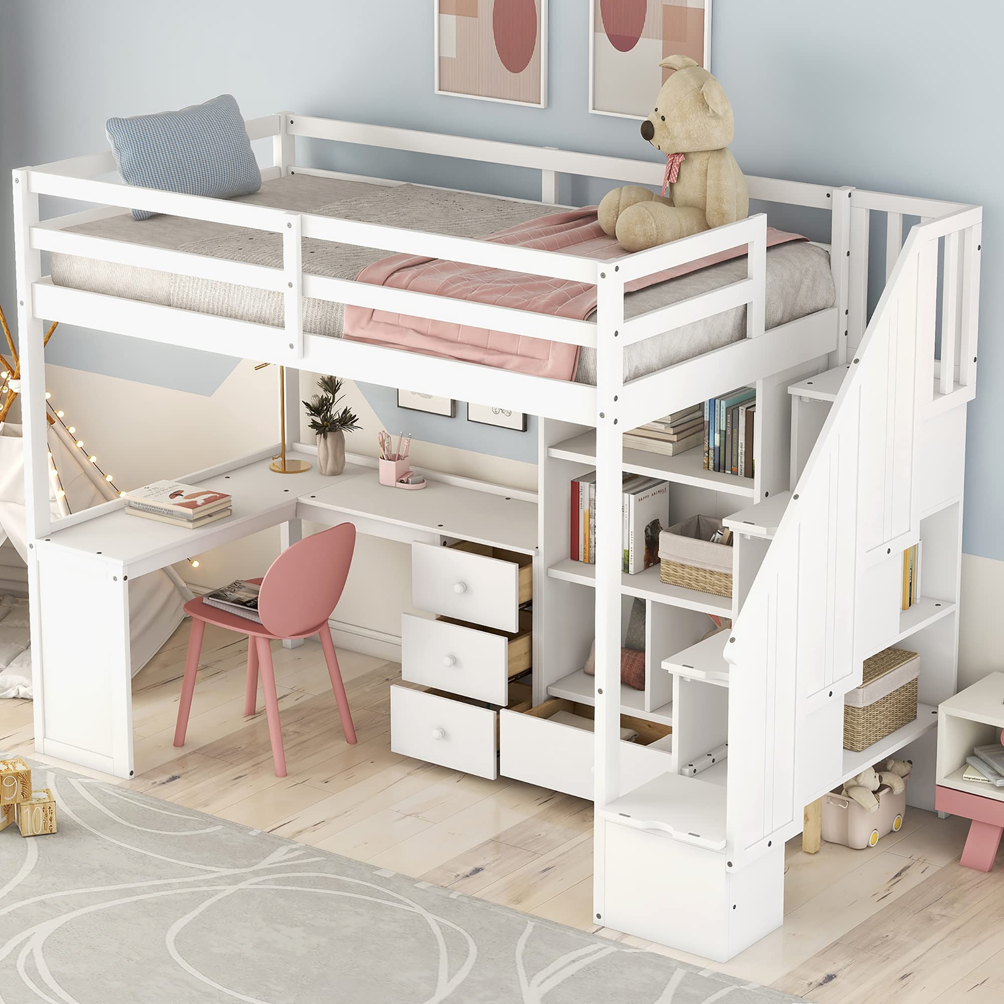 Twin Size Loft Bed with Staircase and L-Shaped Desk, Wooden Loft Bed with Storage Shelves and Drawers, Twin Loft Bunk Bed Frame for Kids Boys Girls Teens, No Box Spring Needed (White)