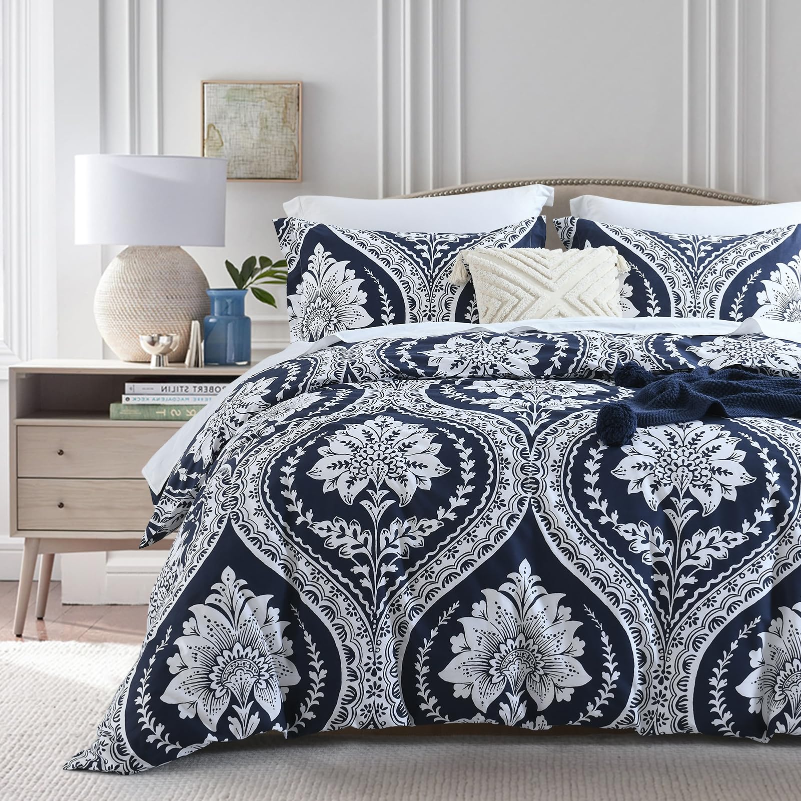 Bedduvit Cotton Duvet Cover Queen - Navy Blue Damask Queen Duvet Cover Set,Breathable Minimalism Damask Patterned Duvet Cover Queen with Zipper Closure & 8 Ties (90"x90", No Comforter)