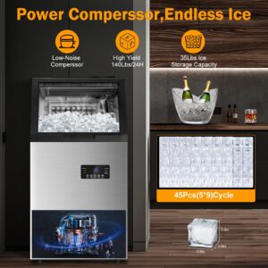 Commercial Ice Maker Machine, 140Lbs/24 with 2 Water Inlet Modes, 45Pcs Ice Cubes 8 Mins, 15" Stainless Steel Under Counter/Freestanding Ice Machine with 35Lbs Storage Bin for Home/Shop/Office/Bar