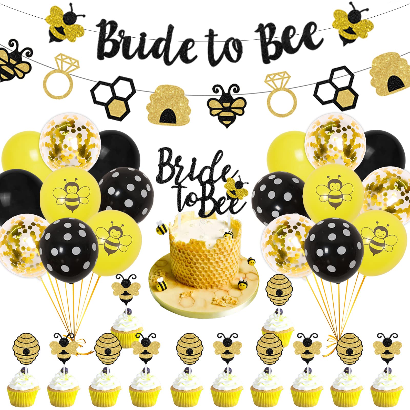 Bride to Bee Bridal Shower Decorations - Bride to Bee Banner Cake & Cupcake Topper, Black and Yellow Confetti Balloons, Garland for Bee Themed Bachelorette, Engagement, Wedding Party Supplies