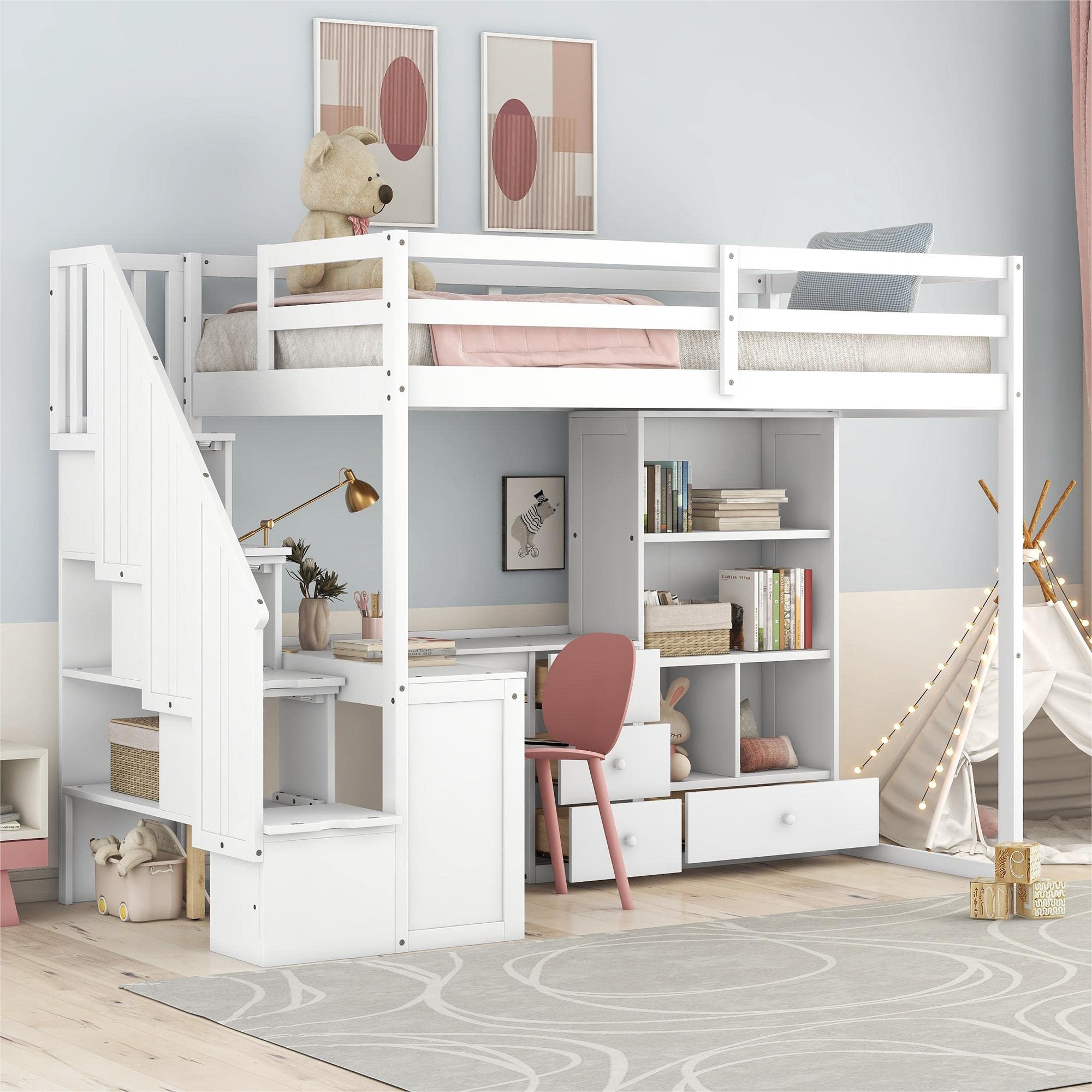 Twin Size Loft Bed with Staircase and L-Shaped Desk, Wooden Loft Bed with Storage Shelves and Drawers, Twin Loft Bunk Bed Frame for Kids Boys Girls Teens, No Box Spring Needed (White)