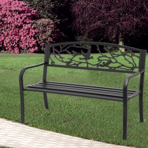 Magshion Patio Benches for Outdoors, 50" Patio Seating Balck Backrest Armrests Sturdy Steel Frame Birds and Branches Style Bench with Straight Legs for Yard Porch Work Entryway, 800lbs