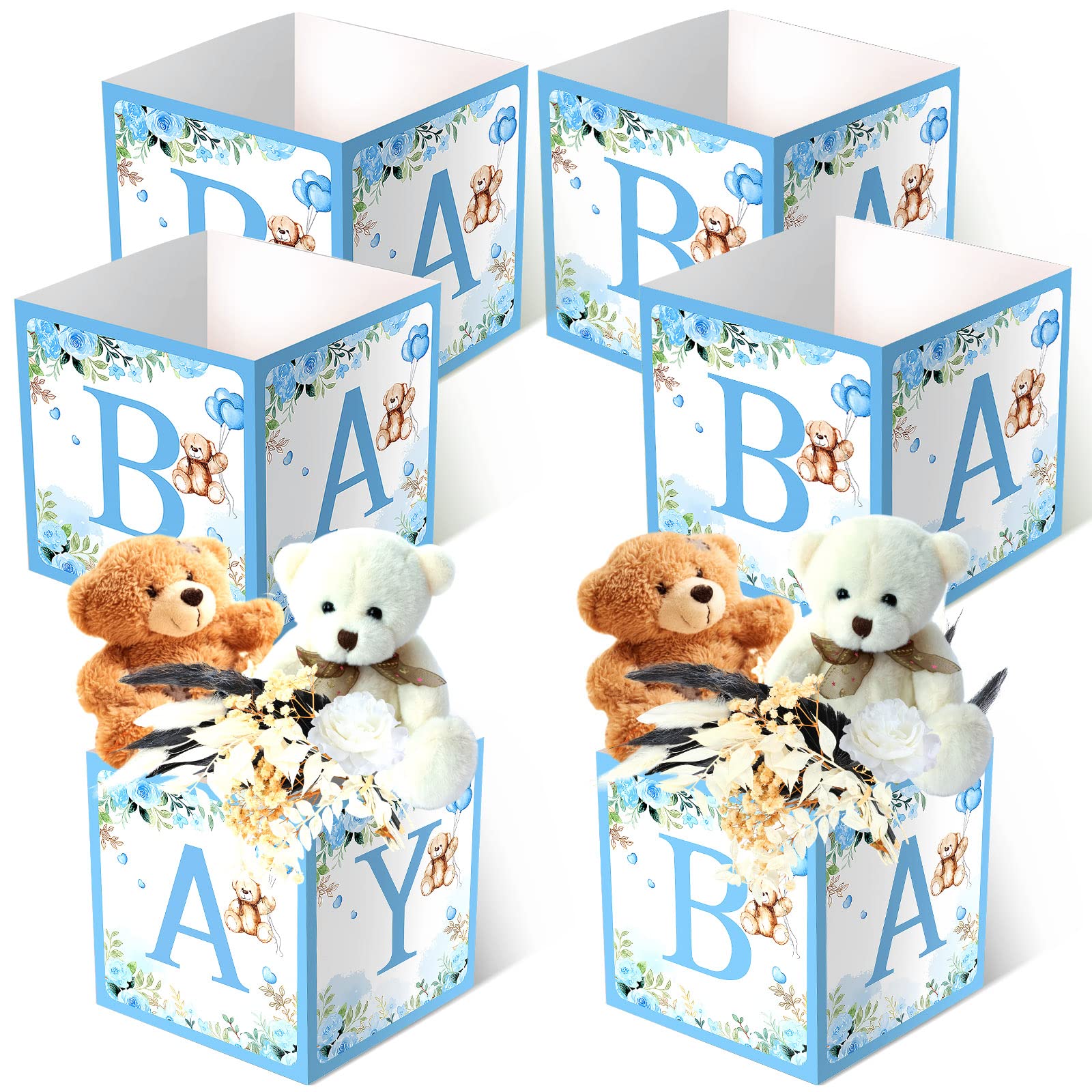 Bucherry 6 Pcs Baby Shower Party Decorations Baby Flower Boxes Centerpiece Rustic Table Display with Letters Gender Reveal Party Favor Block Holder(Blue,Blue Bear)