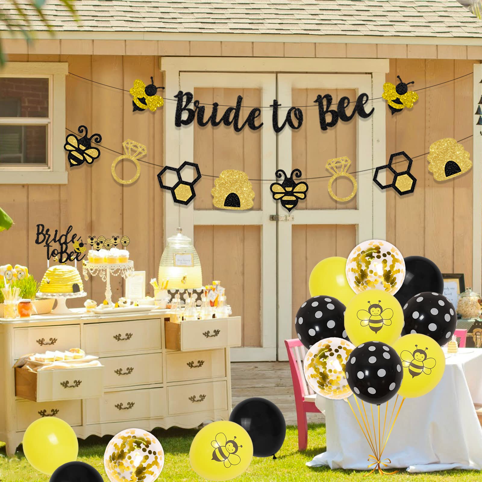 Bride to Bee Bridal Shower Decorations - Bride to Bee Banner Cake & Cupcake Topper, Black and Yellow Confetti Balloons, Garland for Bee Themed Bachelorette, Engagement, Wedding Party Supplies