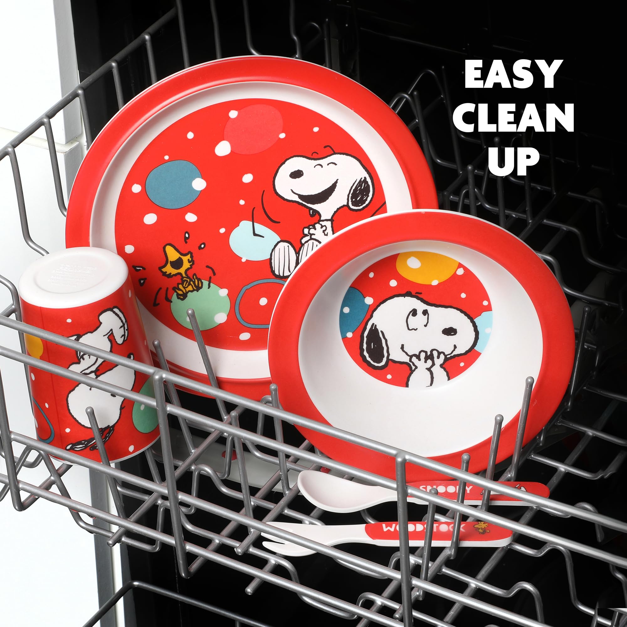 Peanuts Snoopy Fun Times 5-Piece Bamboo Melamine Dinnerware Set For Kids - Red