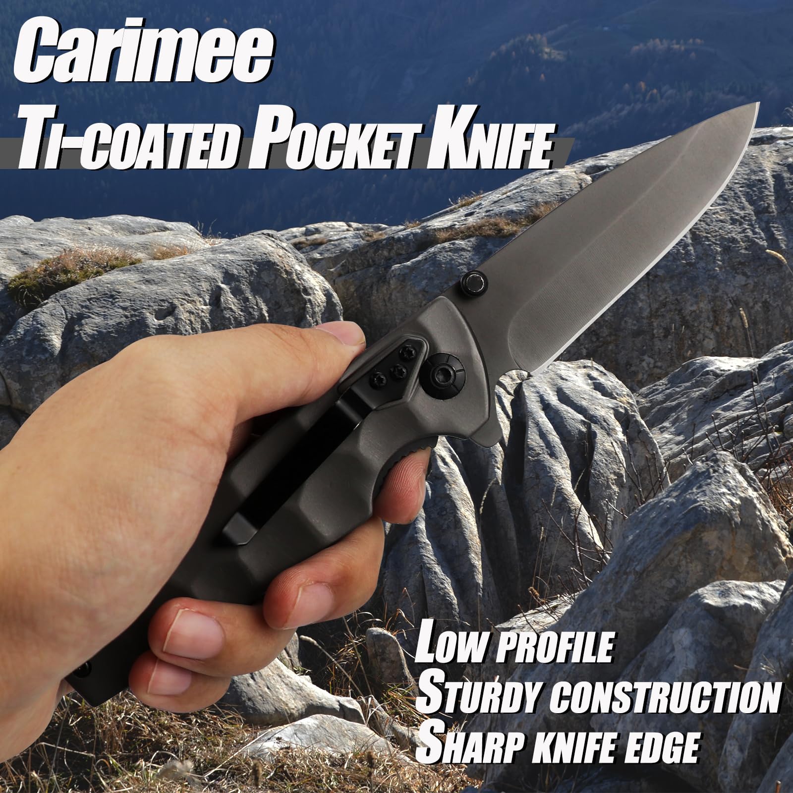 Carimee Pocket Knife 3.3", Solid D2 Steel Blade, Heavy Thick FineCNC machianed Handle, Fully Ti-coated,premium EDC Gifts