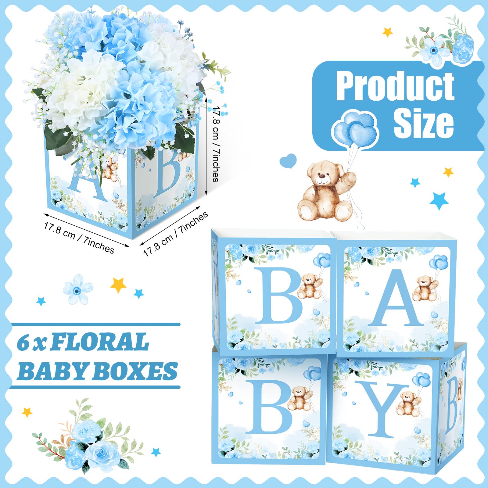 Bucherry 6 Pcs Baby Shower Party Decorations Baby Flower Boxes Centerpiece Rustic Table Display with Letters Gender Reveal Party Favor Block Holder(Blue,Blue Bear)