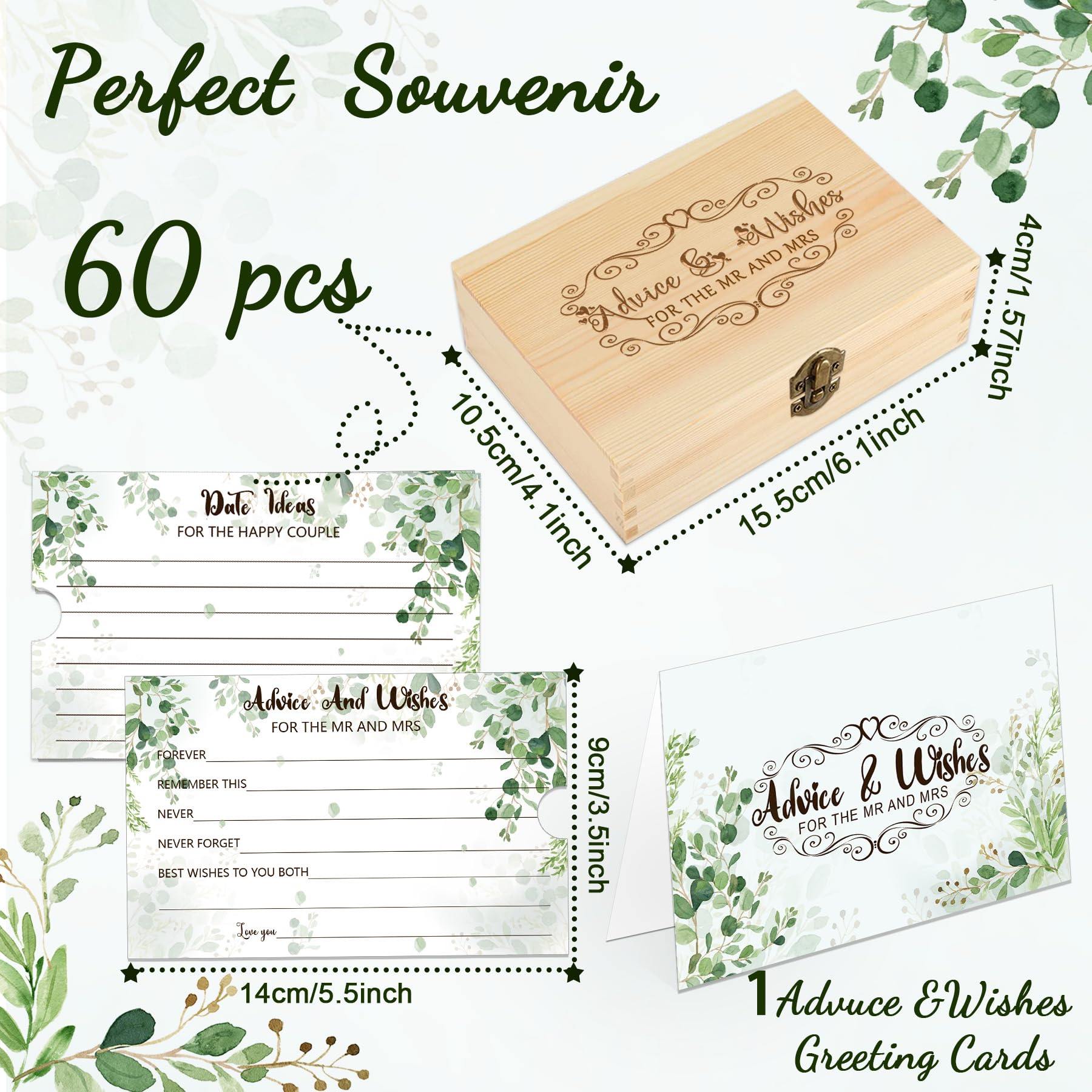 1DFAUL 60Pcs Bridal Shower Advice Cards, Greenery Advice and Wishes for the Mr and Mrs, Advice Cards for Bride and Groom Wood Box Kit for Bridal Shower Games Wedding Decorations