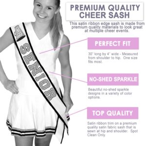 Senior Cheer Sash - Ribbon Edge Gold Sparkle with Black Outline Cheer Senior White PREMIUM GRADE SATIN Sash - High School Cheerleader Squad Supplies (RbnCheer GLD w/BLK) WHT