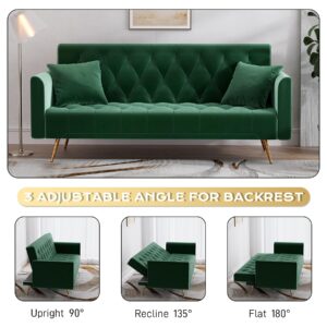 DAMAIFROM 71" Velvet Futon Sofa Bed, Modern Convertible Sleeper Sofa Loveseat, Tufted Futon Couch with Metal Legs for Small Living Room Office Bedroom, Green