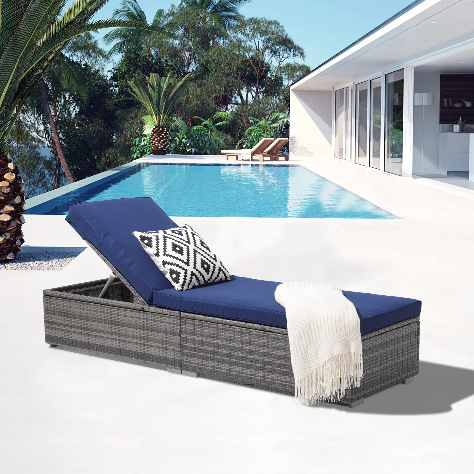 Patiorama Outdoor Patio Chaise Lounge Chair, Elegant Reclining Adjustable Pool Rattan Chaise Lounge Chair with Navy Blue Cushion, Grey PE Wicker, Steel Frame