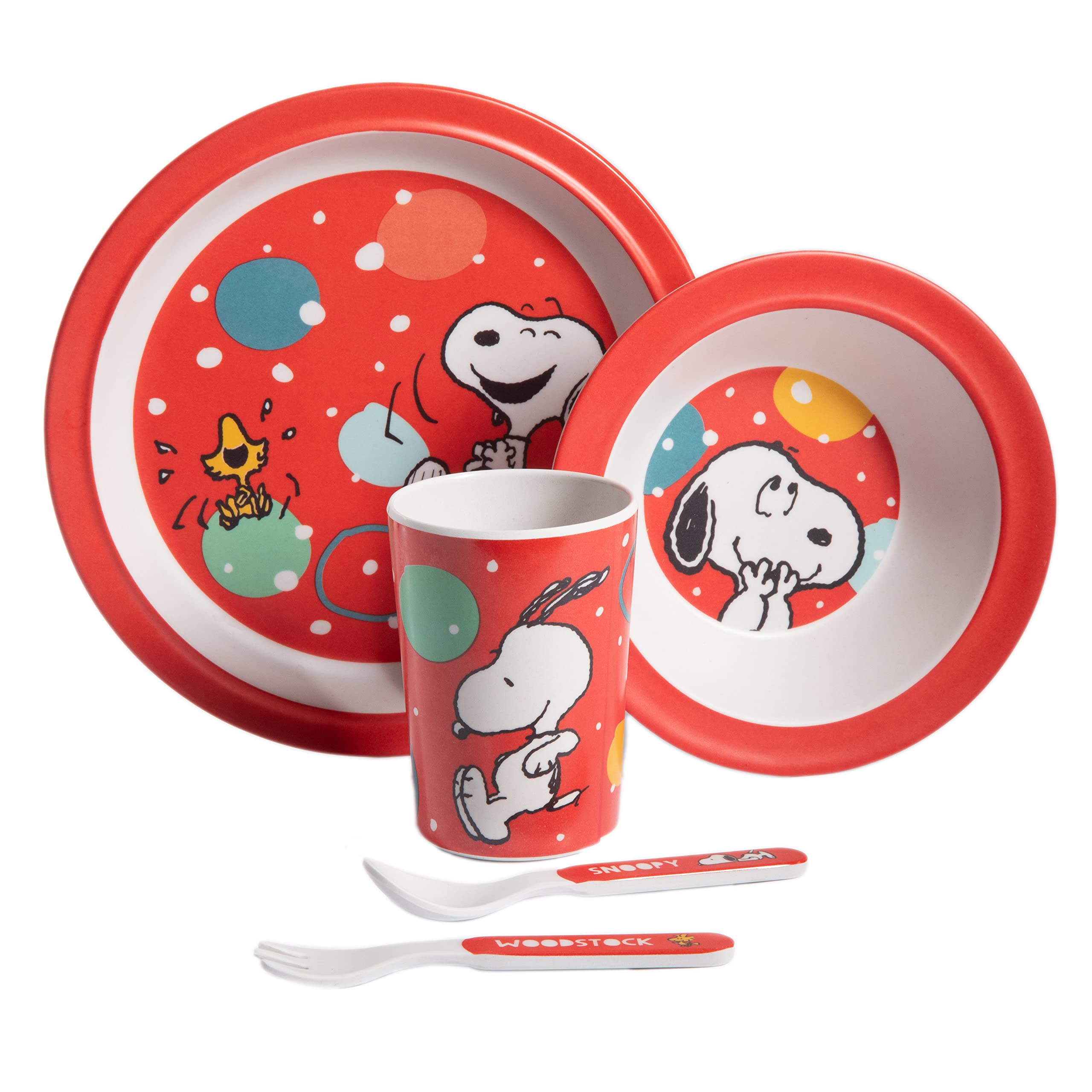 Peanuts Snoopy Fun Times 5-Piece Bamboo Melamine Dinnerware Set For Kids - Red