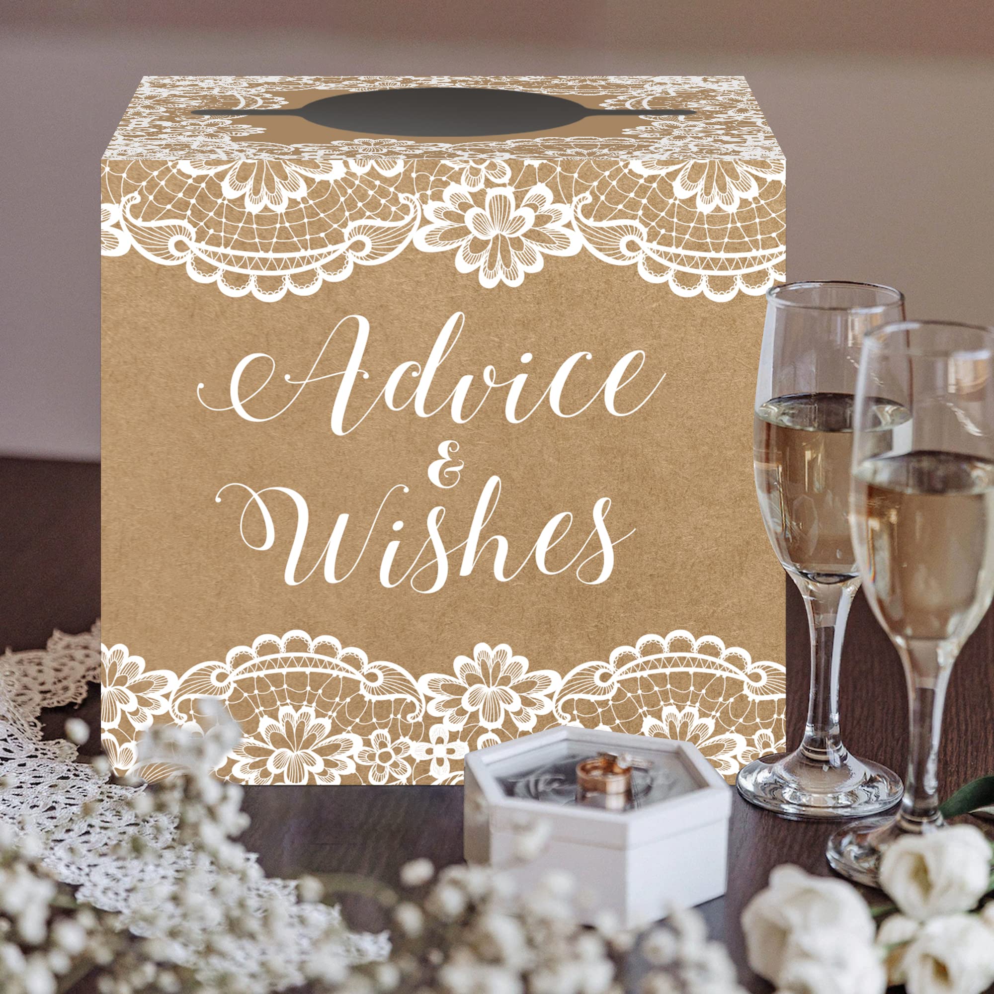 Advice and Wishes Box for Bridal Shower, Newlyweds Advice Box with Cards, 50 Pieces Advice Cards with Holder Box for Bridal Shower, Meaningful Wedding Party Activit- Lace-23