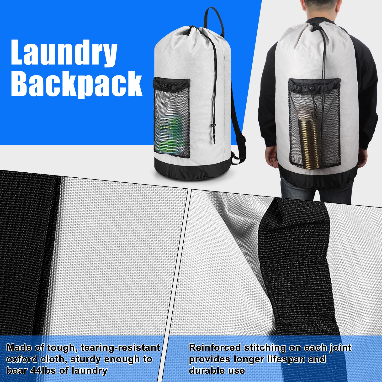 Berlune 6 Pcs Large Laundry Backpack Laundry Bag with Adjustable Shoulder Straps and Mesh Pocket Dirty Clothes Bag with Drawstring Closure Waterproof Hamper Bag for College Travel, Grey