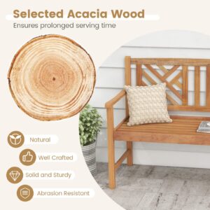 Tangkula Patio Acacia Wood Bench, 2-Person Outdoor Loveseat Chair, Cozy Armrest & Backrest, Sturdy Acacia Wood Frame, Outdoor Slatted Seating Bench for Backyard, Garden, 800 lbs Max Load