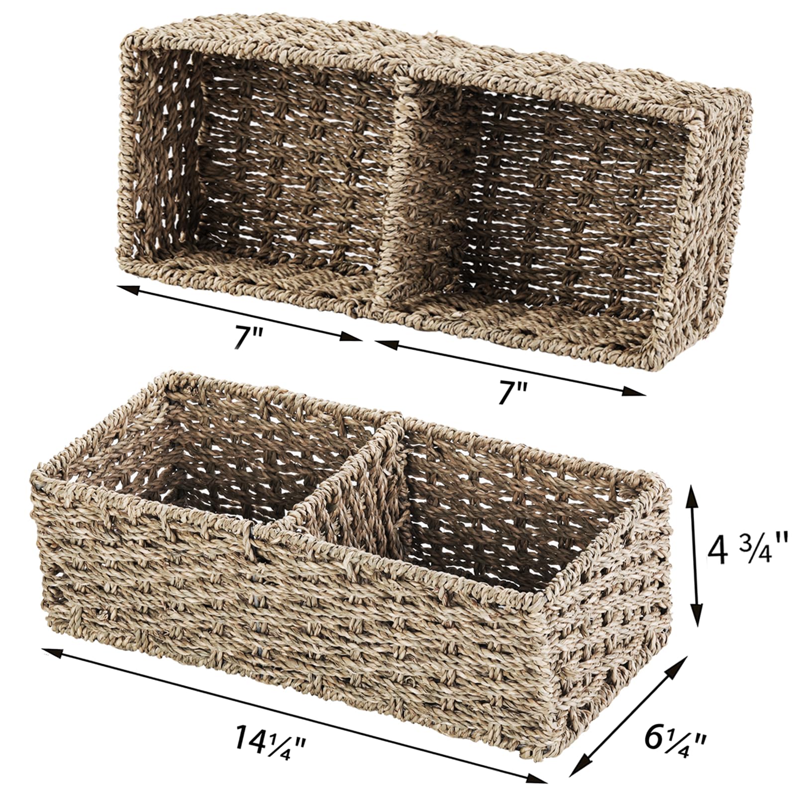 Vagusicc 2-Section Wicker Storage Basket, Hand-Woven Seagrass Baskets, Toilet Tank Basket, Small Wicker Baskets for Organizing, 2-Pack