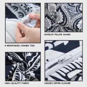 Bedduvit Cotton Duvet Cover Queen - Navy Blue Damask Queen Duvet Cover Set,Breathable Minimalism Damask Patterned Duvet Cover Queen with Zipper Closure & 8 Ties (90"x90", No Comforter)