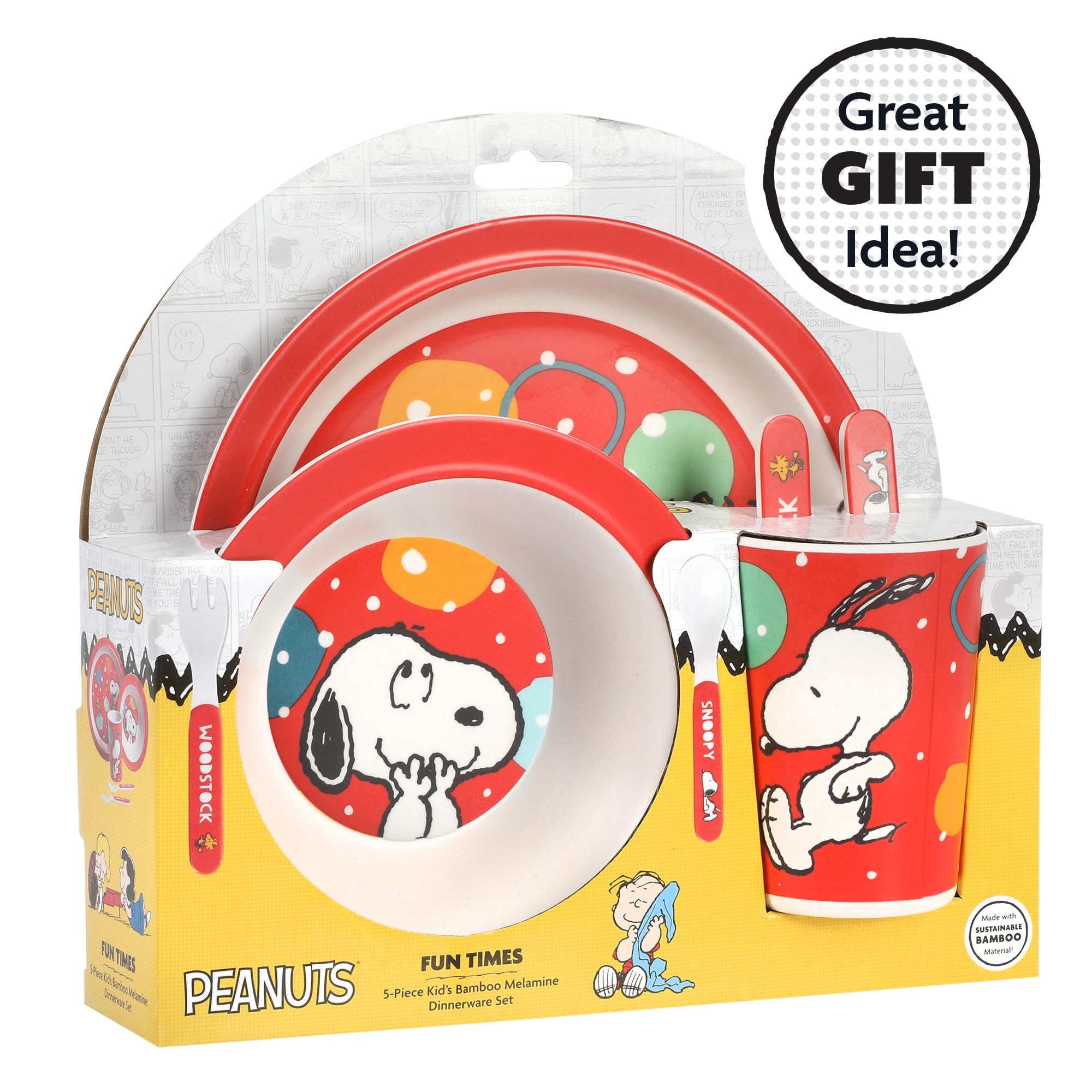 Peanuts Snoopy Fun Times 5-Piece Bamboo Melamine Dinnerware Set For Kids - Red