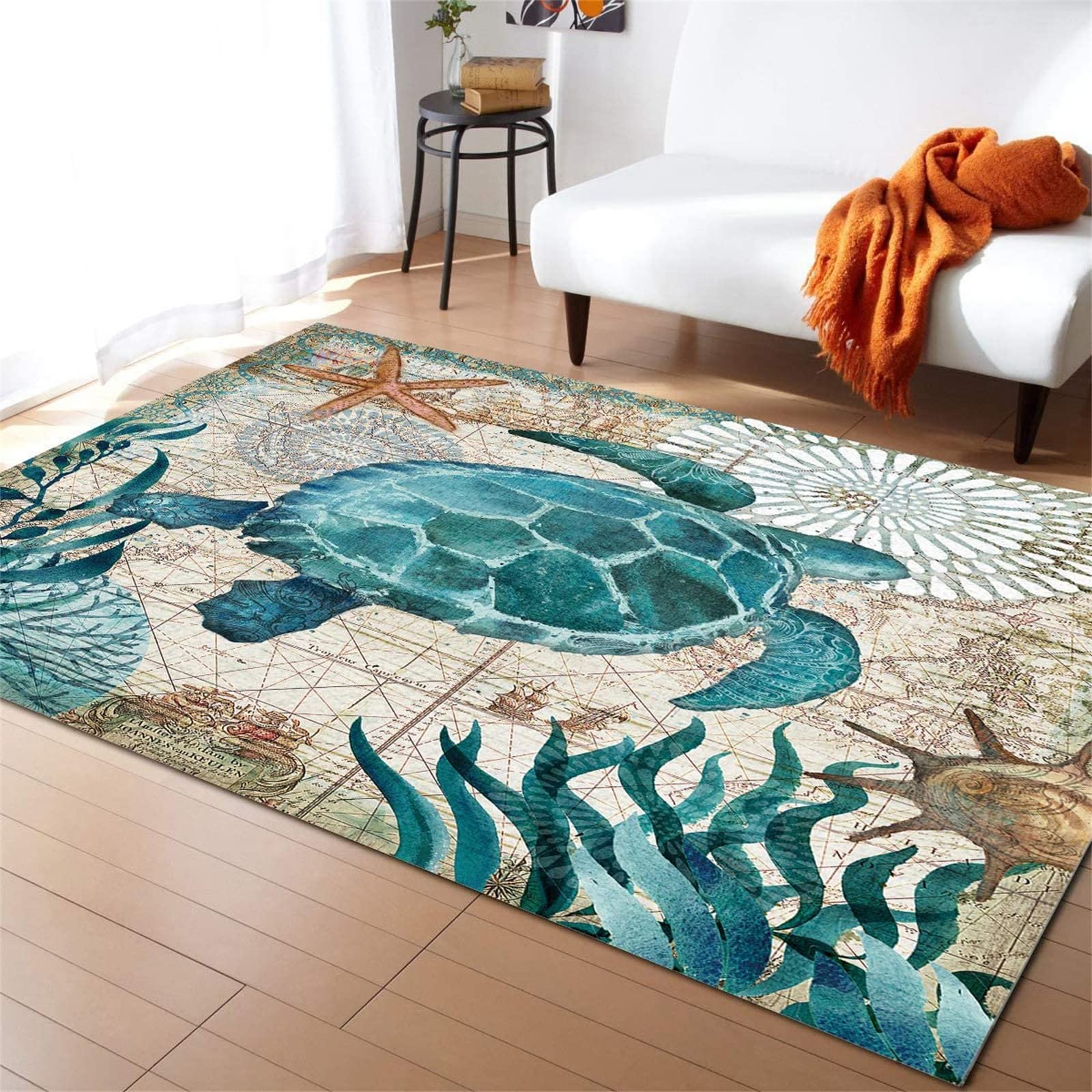 Blue Sea Turtle Nautical Map Area Rug,5x7ft Ocean Animal Print Non-Slip Rugs, Underwater World Living Room Decorative Carpet, for Living Room, Bedroom Children's Room Washable Home Decoration