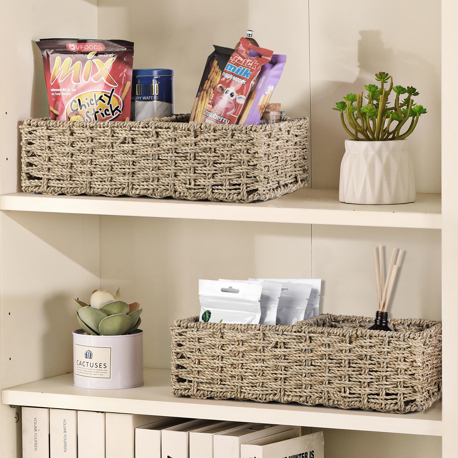 Vagusicc 2-Section Wicker Storage Basket, Hand-Woven Seagrass Baskets, Toilet Tank Basket, Small Wicker Baskets for Organizing, 2-Pack