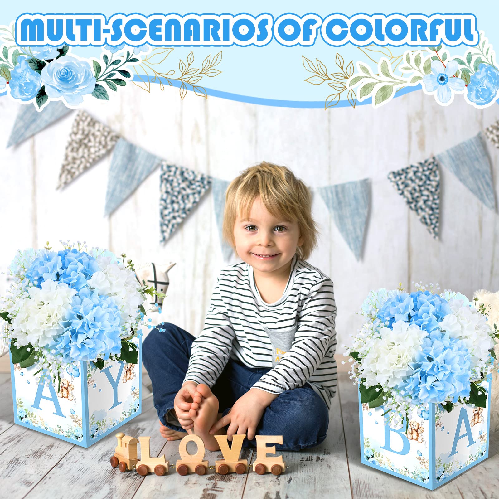 Bucherry 6 Pcs Baby Shower Party Decorations Baby Flower Boxes Centerpiece Rustic Table Display with Letters Gender Reveal Party Favor Block Holder(Blue,Blue Bear)