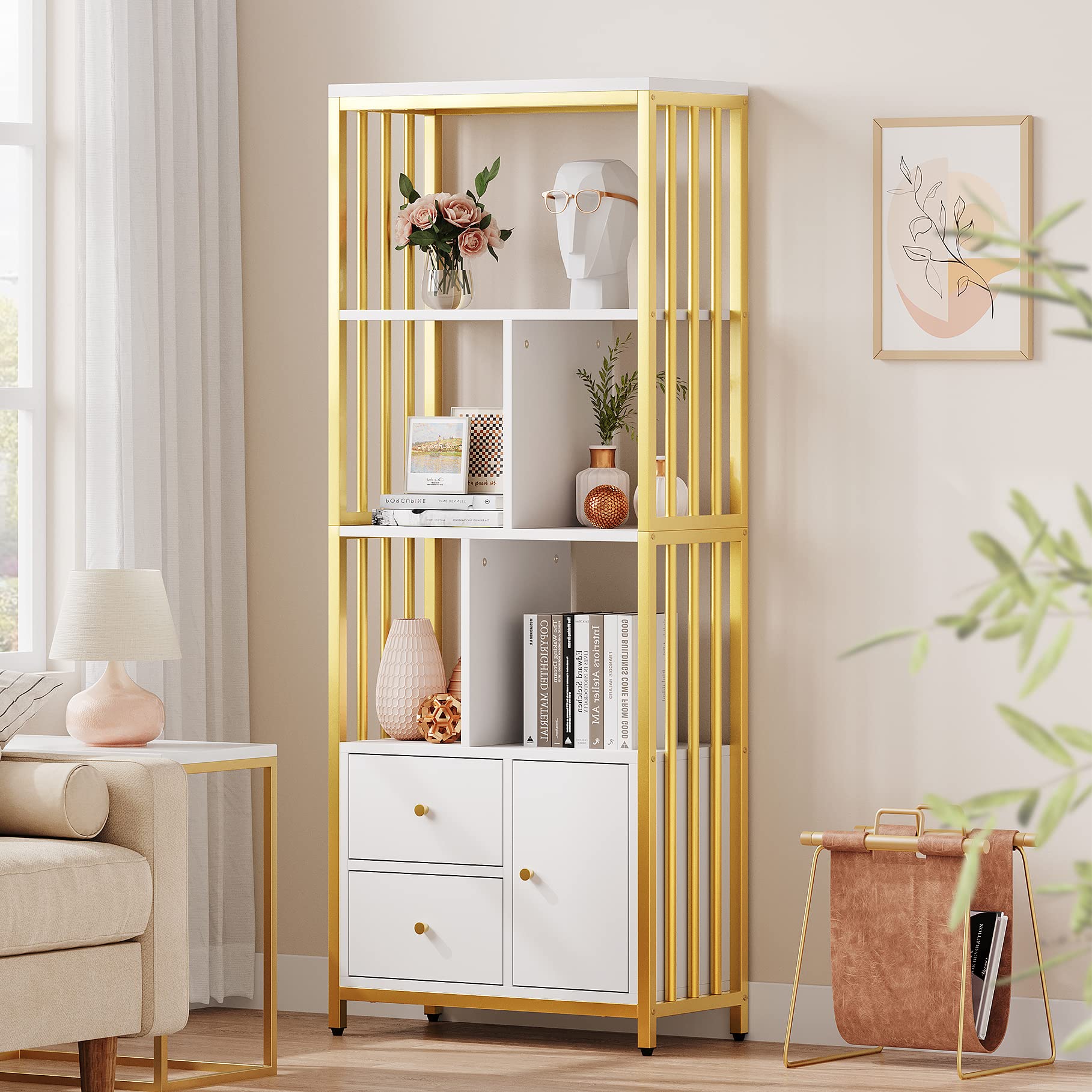 Amyove Gold Bookshelf with Drawers Modern Bookcase Storage Rack Shelf Tall Standing Bookshelves Metal Frame Large Display Racks Book Shelf for Bedroom, Living Room, Home Office, White/Gold