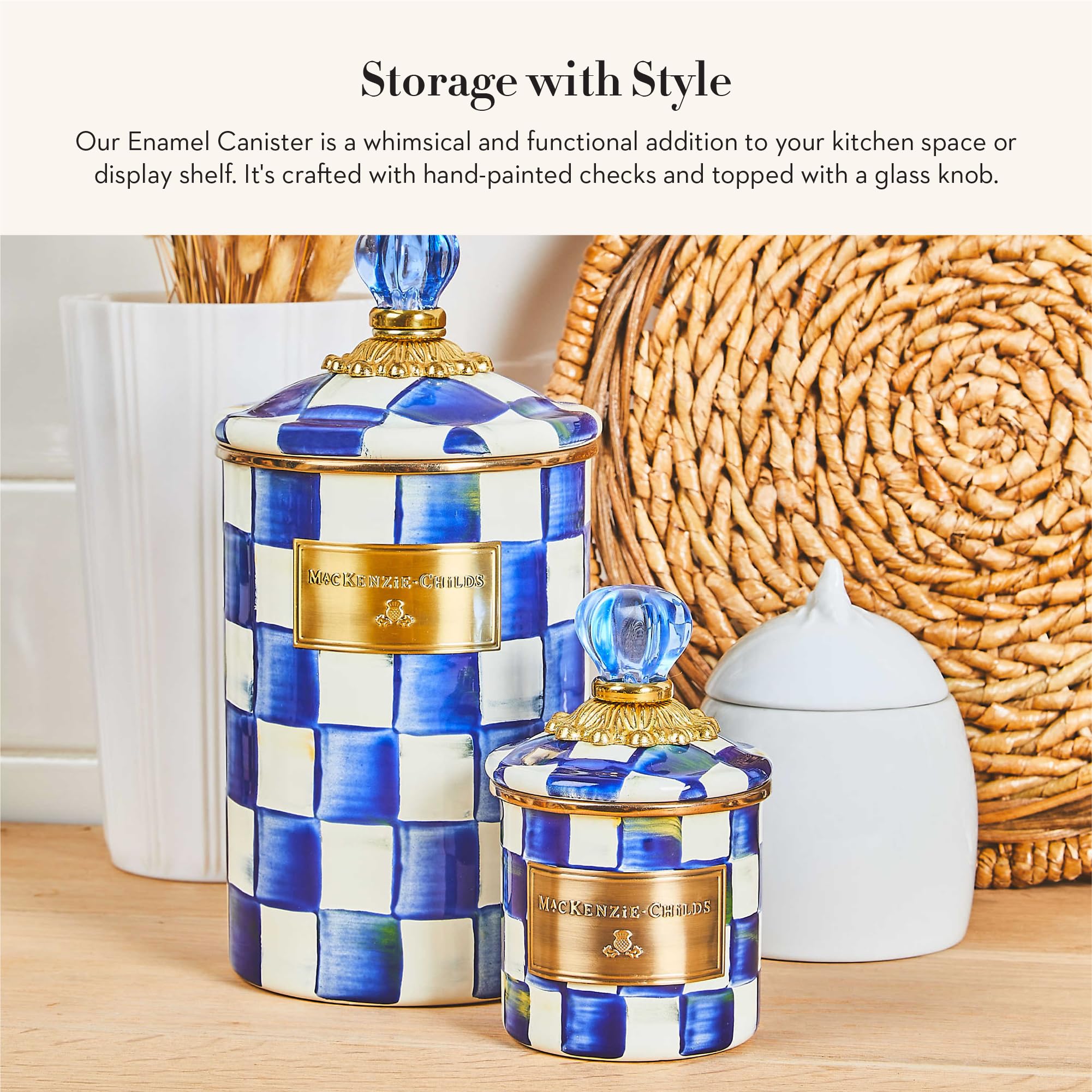 MACKENZIE-CHILDS Royal Check Enamel Canister, Blue-and-White Kitchen Storage Container with Lid, Demi