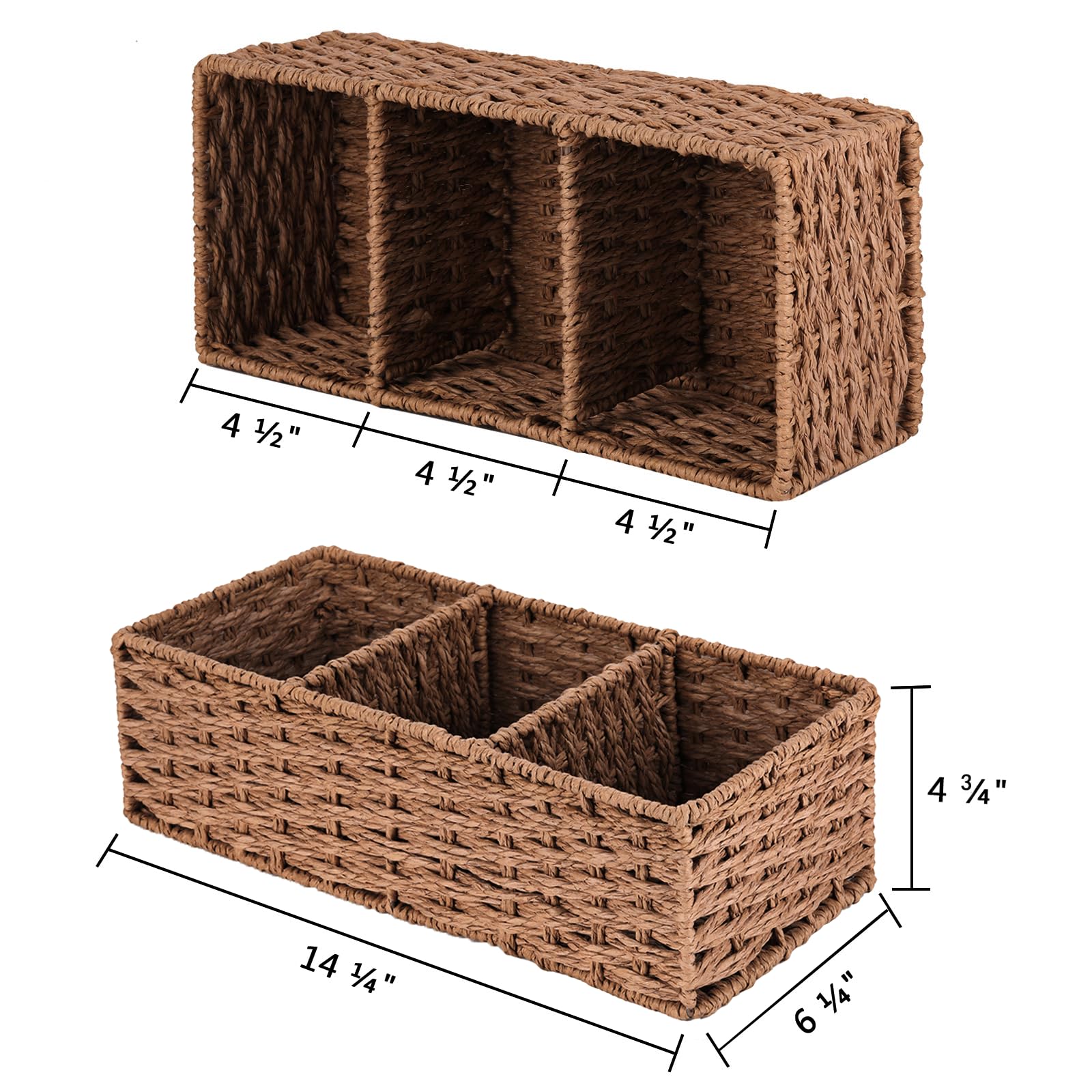 Vagusicc 3-Section Wicker Storage Baskets, Hand-Woven Paper Rope Toilet Tank Basket, Wicker Baskets for Organizing, Woven Baskets for Storage, 2-Pack, Brown