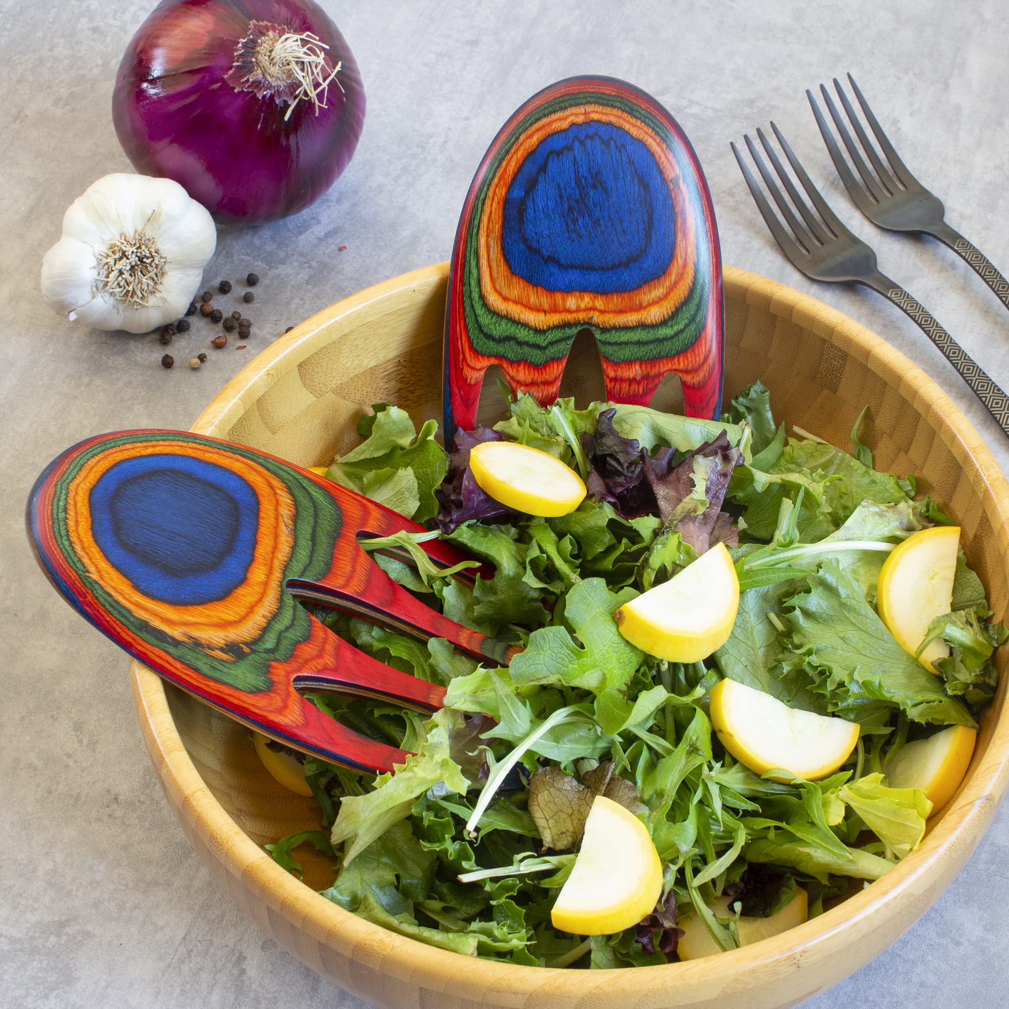 Baltique Marrakesh Collection Salad Hands Serving Utensil Set, Colorful Wooden Salad Servers