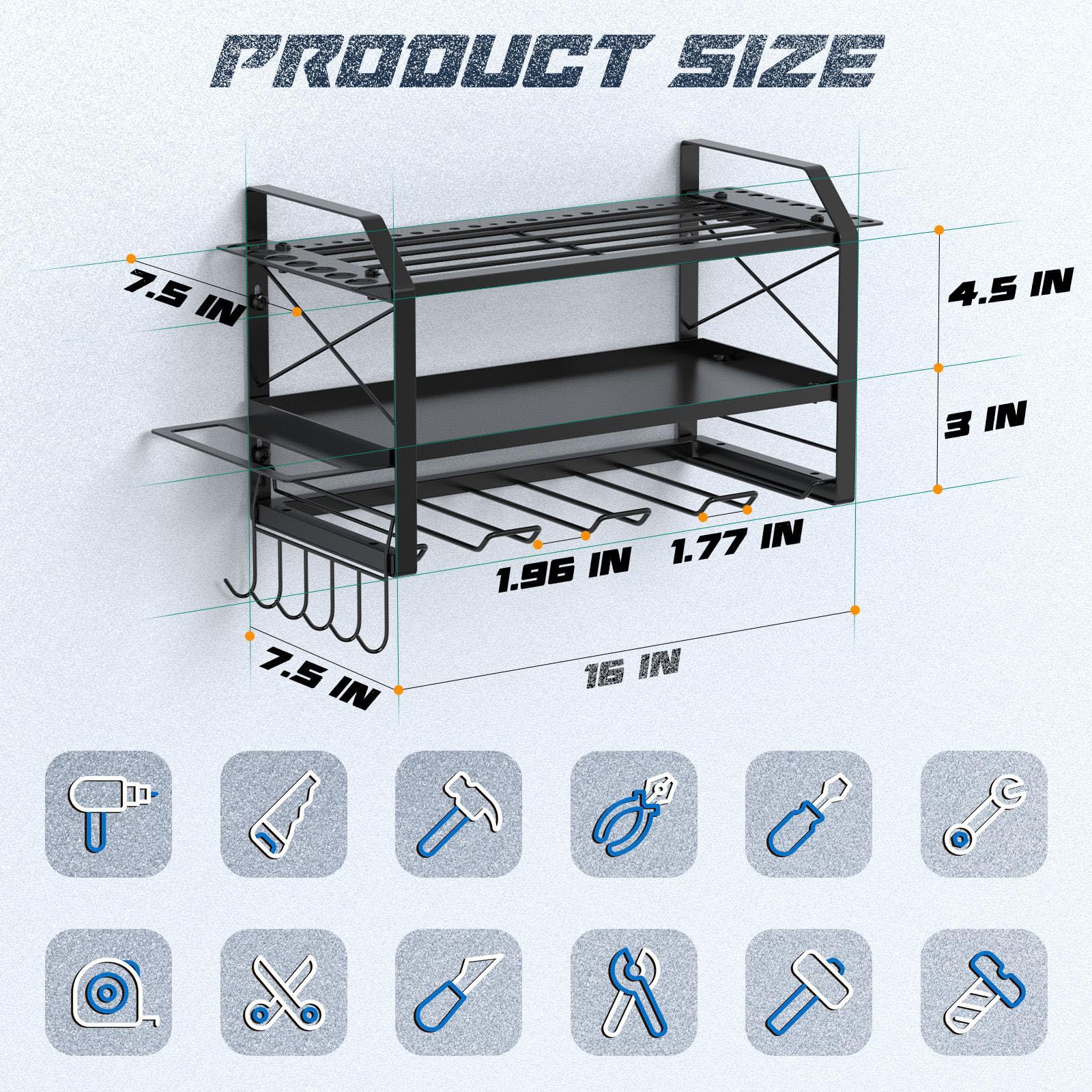 Bovkeoy Power Tool Organizer Wall Mount for Tool Storgae, 3 Layers Drill Holder Tool Organizers and Storage for Garage Organization Utility Rack with Screwdriver Holder/Plier Holder/Hammer Holder