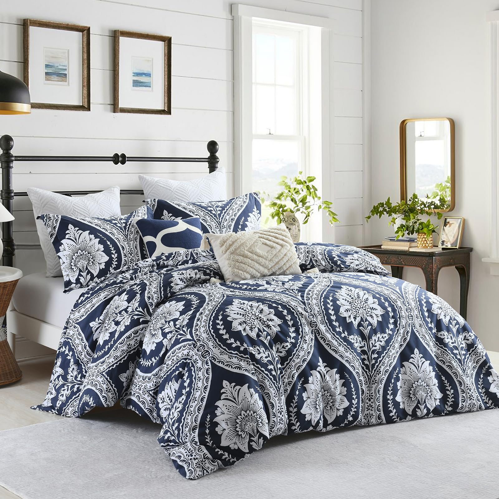 Bedduvit Cotton Duvet Cover Queen - Navy Blue Damask Queen Duvet Cover Set,Breathable Minimalism Damask Patterned Duvet Cover Queen with Zipper Closure & 8 Ties (90"x90", No Comforter)